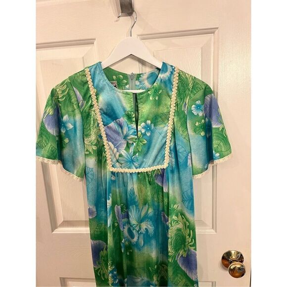 Vintage Napili Made In Hawaii Blue & Green Rope Accent House Dress Coat MuMu sz